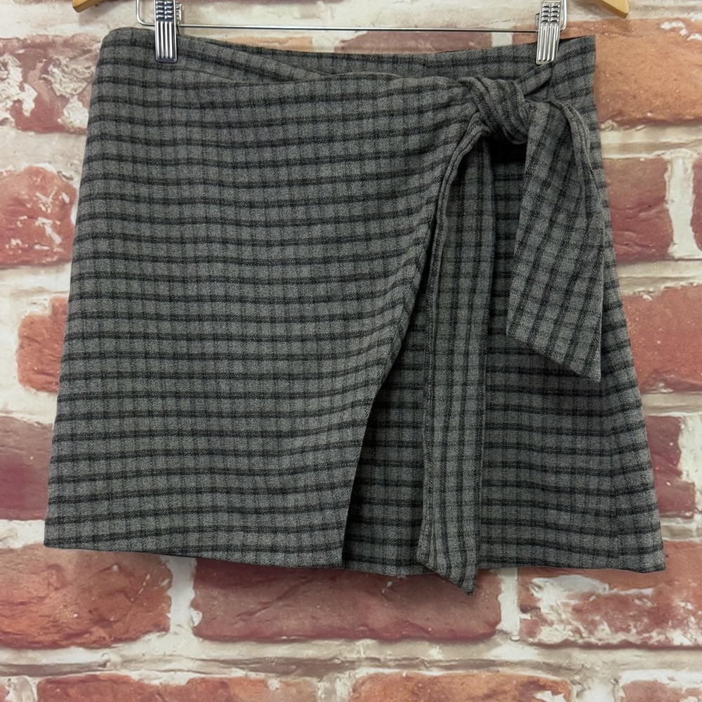Aritzia Wilfred Skirt Women's 10 Gray Plaid Check Wool Cashmere Blend Tie Waist